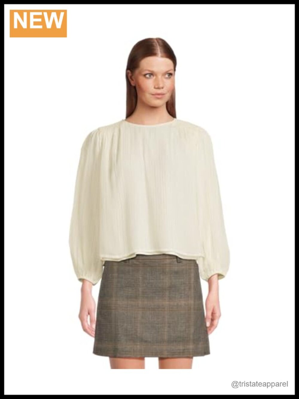 Crew Neck Long Sleeve Smocked Blouse Viscose Pullover Top